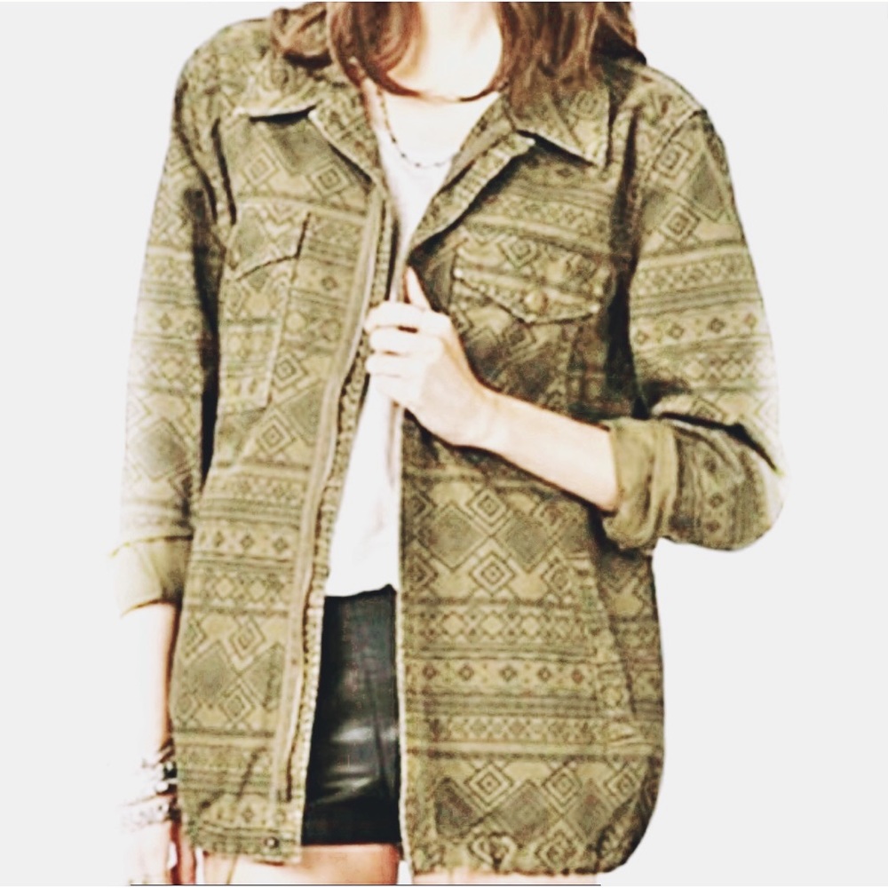 AZTEC GEOMETRIC Forever 21 Print Utility Jacket Coat Olive Army Green Me…